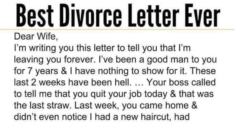 Wife receives a divorce letter from husband, her reply is brilliant