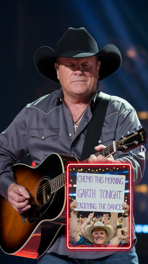 At a concert, Garth Brooks stopped singing when he saw a fans sign, Chemo this morning, Garth tonight, Enjoying the dance, Moved, he serenaded her, creating a viral moment