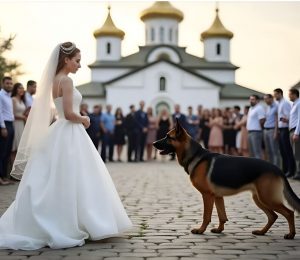 During the wedding, the bride’s dog stepped into the path.