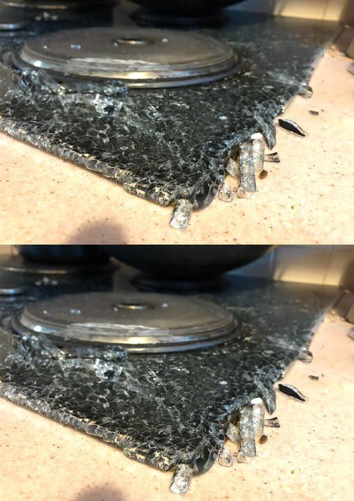 I woke up to a horrible noise. My daughter was making dinner for the kids, and our glass top stove shattered like this. She said it happened suddenly for no apparent reason. What could have caused this? I could barely calm my grandkids down—they were very scared.