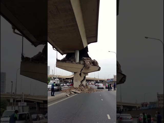 The bridge support collapsed after the earthquake, but it was just the outer concrete #crash #car