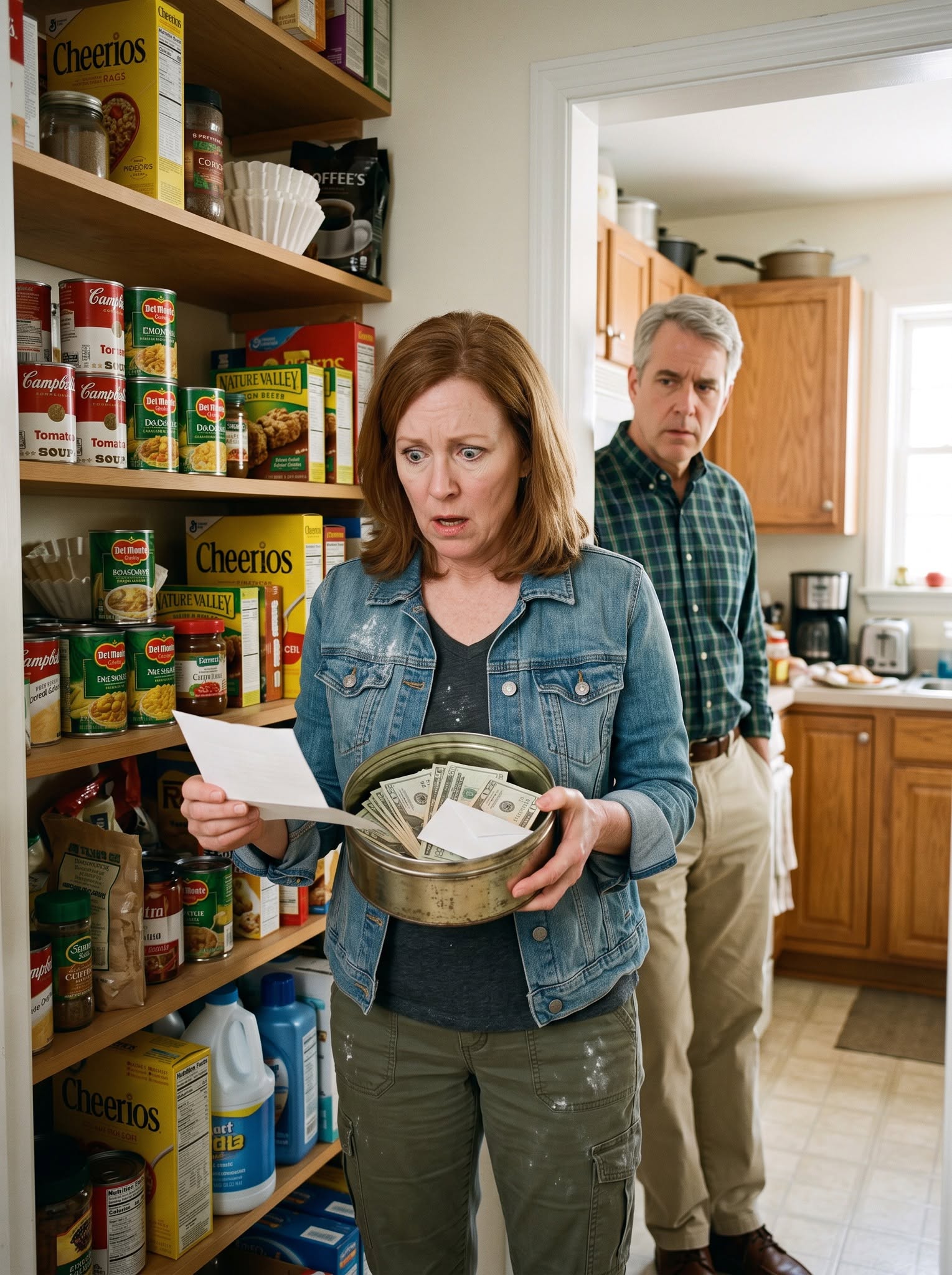 After Mama’s funeral, I was clearing out her pantry when I discovered $18,940 hidden inside the old flour tin she had always forbidden us to touch. Beneath the cash was an envelope with my name on it. The first line read, “I’m sorry, Linda.” My brother brushed it off as forgotten grocery money, but the next sentence mentioned my stepfather Wayne, and suddenly the discovery felt far more serious. By 5:05 that evening, I was driving to the bank with the flour tin beside me and flour still covering my clothes.